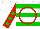 Silk - White, green rings, red circle, green dots on red sleeves, white cap