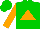 Silk - Green ,orange 'k' in orange triangle frame, green 'k' in triangle on orange sleeves