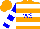 Silk - Orange, blue 'ws', blue and white hoops, blue and white bars on sleeve