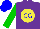 Silk - Purple, yellow ball, blue 'cg,' green sleeves, blue cap