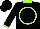 Silk - Black, lime green peace sign on front & circle 'kp' on back, lime green cuffs & collar