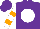 Silk - Purple, white ball, barn emblem, white sleeves, two orange hoops