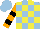 Silk - Light blue and yellow check, orange and black hooped sleeves, light blue cap