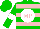 Silk - Green, pink 'mp' on white ball, white & pink hoops and bars