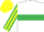 Silk - WHITE, emerald green hoop, emerald green and yellow striped slvs, yellow cap