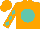 Silk - Orange, black emblem on turquoise ball, turquoise diamonds on sleeves, orange cap