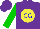 Silk - Purple, yellow ball, blue 'cg,' green sleeves, purple cap