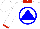Silk - White, blue circle triangle emblem, red cuffs & collar