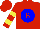 Silk - Red, red 'b' on blue ball, yellow hoops on sleeves