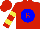 Silk - Red, red 'b' on blue ball, yellow bars on sleeves