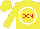 Silk - Yellow, white circle, red 'dcm,' yellow sleeves and cap