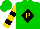 Silk - Green, gold 'p' in black diamond, gold and black bars on sleeves, green cap