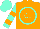 Silk - Orange, aqua circled 'cl', orange bars on aqua sleeves, aqua cap