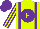 Silk - Chartreuse, chartreuse 'f' on purple ball, purple jagged braces, purple jagged stripes on sleeves, purple cap