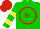 Silk - Green, red circled 'm', yellow bars on sleeves, red cap