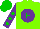 Silk - Neon green, purple ball, green 'e,' purple sleeves, green dots, green cap, purple ball and 'e'