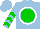 Silk - Light blue, white uf on white circled green ball, green chevrons on sleeves, light blue cap