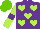 Silk - Purple, lime green hearts, lime green sleeves, purple hoop, light green cap