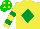 Silk - Yellow, emerald green diamond, hooped sleeves, green cap, yellow spots