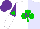 Silk - White & lavender halves, purple 'm' on green shamrock, aqua emblem on aqua & white halved sleeves, purple 'm' on green shamrock on purple cap