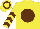 Silk - Yellow, brown ball, brown chevrons on sleeves, yellow cap, brown hoop