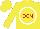 Silk - Yellow, white circled red 'dcm', yellow sleeves, yellow cap