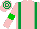 Silk - Pink, emerald green braces, green hoop on pink sleeves, pink and emerald green hoops on cap