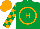 Silk - Emerald green, orange circle and 'h,' orange blocks on sleeves, orange cap