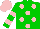 Silk - Green, pink dots, pink bars on sleeves, pink cap
