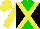 Silk - Green and black diagonal quarters with black letters 'bless' yellow cross sashes, yellow sleeves, yellow cap