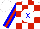 Silk - White and red checkers, blue 'x' on white ball red stripe on blue sleeves