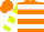 Silk - Fluorescent orange, fluorescent yellow and white hoops, white 's and k', fluorescent yellow and white bars on sleeves, fluorescent orange cap