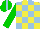 Silk - Yellow and light blue checked, green sleeves, light blue stripe on green cap