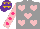 Silk - grey, pink hearts, hot pink spots on pink sleeves, gold stars on purple cap