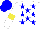 Silk - white, blue stars, yellow armlets, blue cap