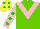 Silk - light green, pink chevron, green dots on pink sleeves, green spots on yellow cap