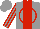 Silk - Grey, red circled red 'r', red panel, red stripes on sleeves