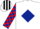 Silk - White, Dark Blue diamond, Red and Dark Blue check sleeves, Black with White stripes cap