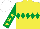 Silk - Yellow, emerald green diamond hoop, emerald green sleeves, yellow stars, white cap