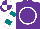Silk - Purple, white circle, white sleeves, teal hoops, purple and white quartered cap