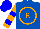 Silk - Royal blue, orange circle and ' r ', blue bars on orange sleeves, blue cap