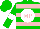 Silk - Green, pink 'mp' on white ball, white and pink hoops and bars
