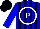 Silk - Blue ,black stripes, white 'p' in white circle, blue and black cap
