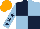 Silk - Dark blue and light blue (quartered), light blue sleeves, dark blue stars, orange cap