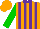 Silk - Orange and purple stripes, purple collar, green sleeves, orange cap