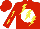 Silk - Red, yellow 'h', yellow  lightning bolts on white ball, yellow lightning bolts on sleeves, red cap