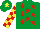 Silk - Emerald green, red stars, red & yellow check sleeves, emerald green cap, yellow star