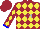 Silk - Maroon, silver 'rm', yellow diamonds and blue flames, yellow diamonds on sleeves with blue cuffs