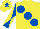 Silk - Yellow, large royal blue spots, royal blue sleeves, yellow diabolo, yellow cap, royal blue star