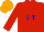 Silk - Orange, yellow horse with blue ' t and t', red flames on sleeves, orange cap